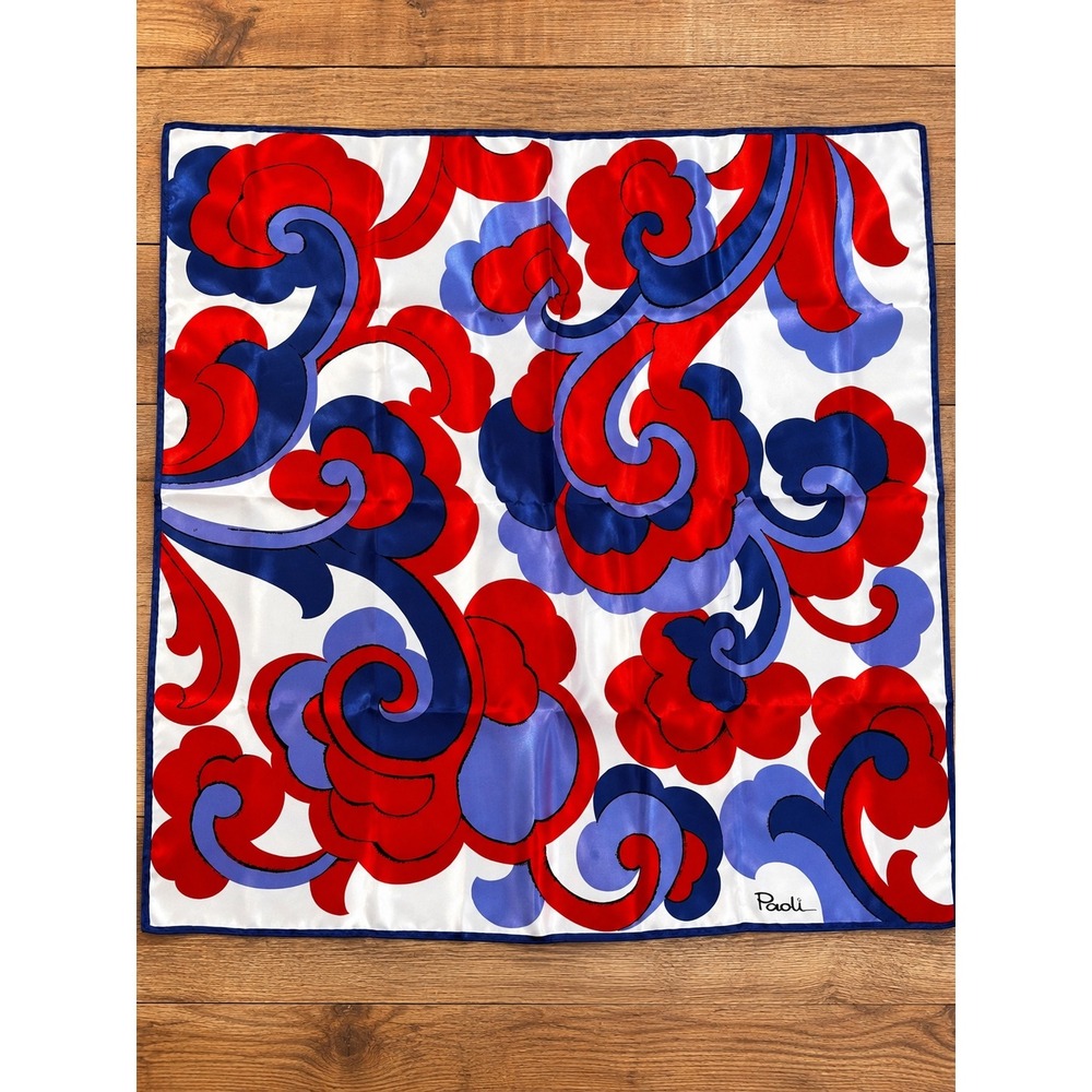 Paoli Scarf Womens OS Red Blue White Good Vintage Mod Acetate Square 26x26.5 - Picture 2 of 5